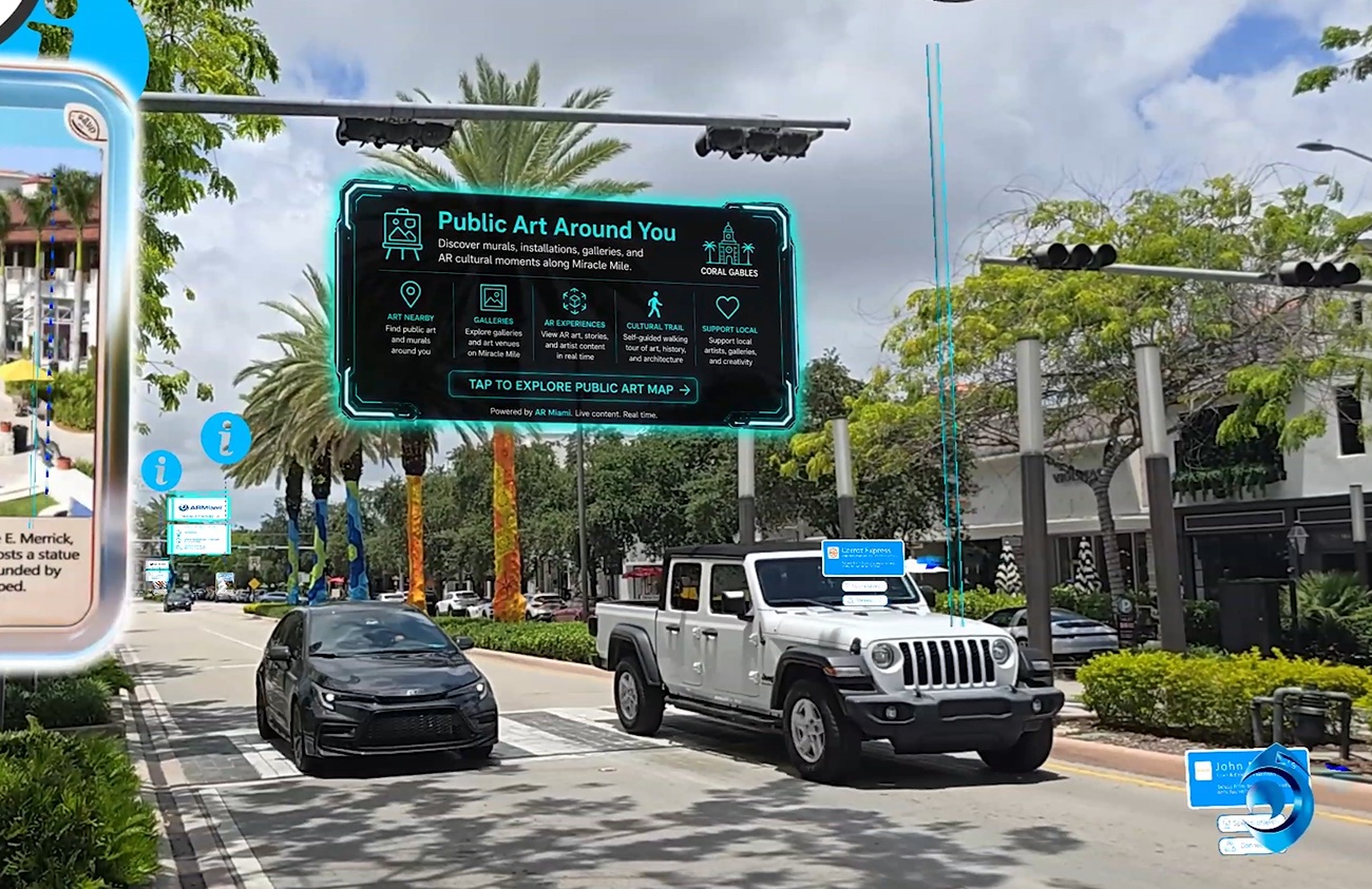 Augmented reality Public Art Around You interface displaying cultural trail map and landmarks along Miracle Mile