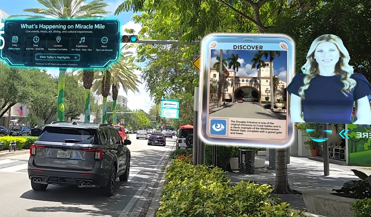 Augmented reality street interface showing Miracle Mile event highlights and Douglas Entrance discovery card with holographic guide