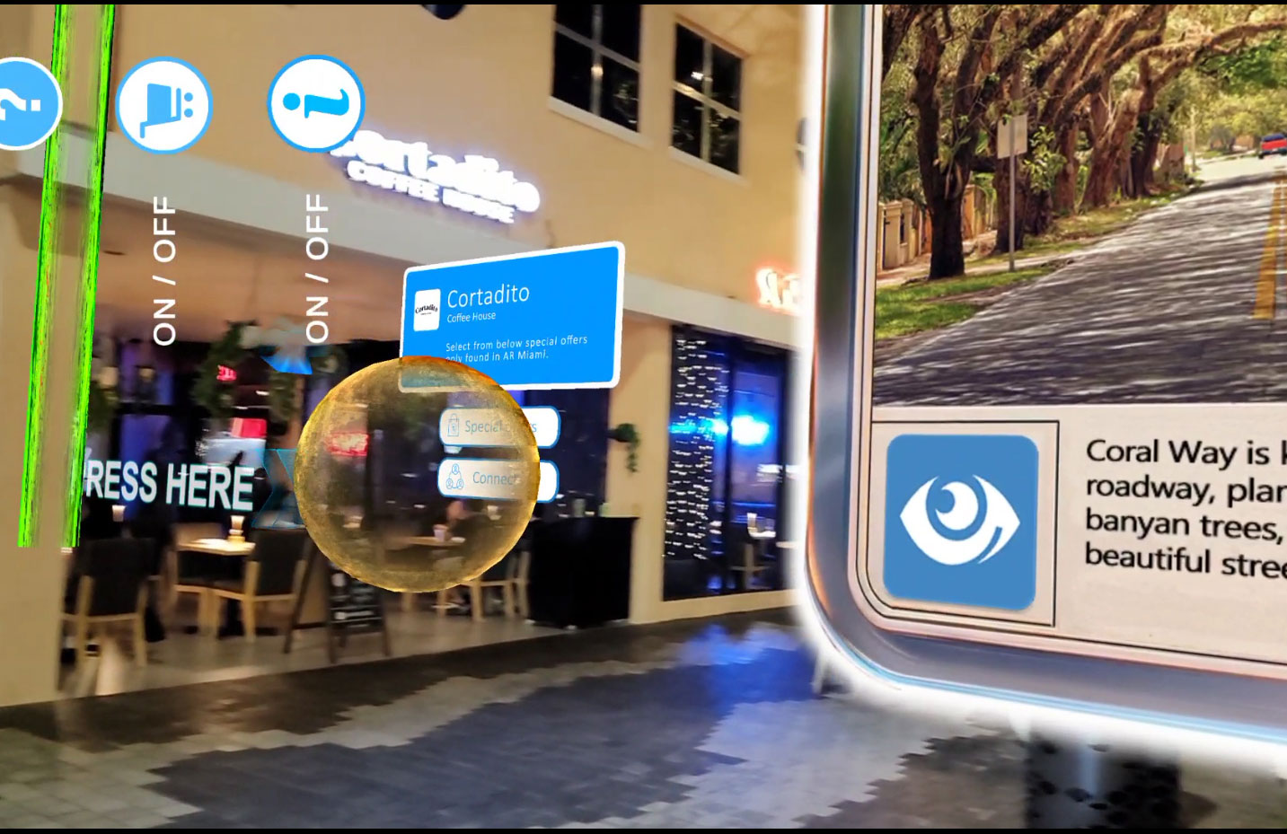 Augmented reality street portal and business sign outside Cortadito Coffee House in Coral Gables