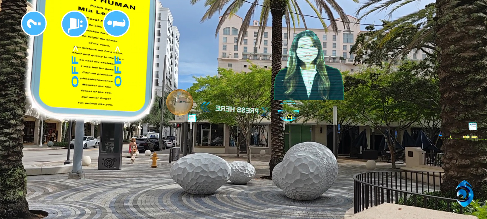 AI-generated holographic narrator interpreting public sculpture history