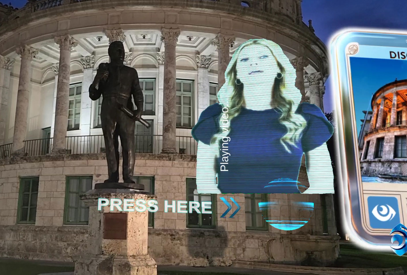 Coral Gables City Hall with the George Merrick statue and an augmented reality holographic guide